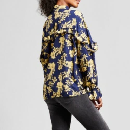 K. by Kersh Navy Gold Floral Blouse Sz L Ruffle Sleeve Tie Neck Poet Sleeve NWT