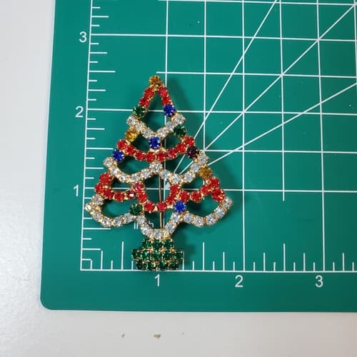 Vintage Artsy Gold Tone Multi Color Rhinestone Christmas Tree Brooch Holiday Pin - Thumbnail 3