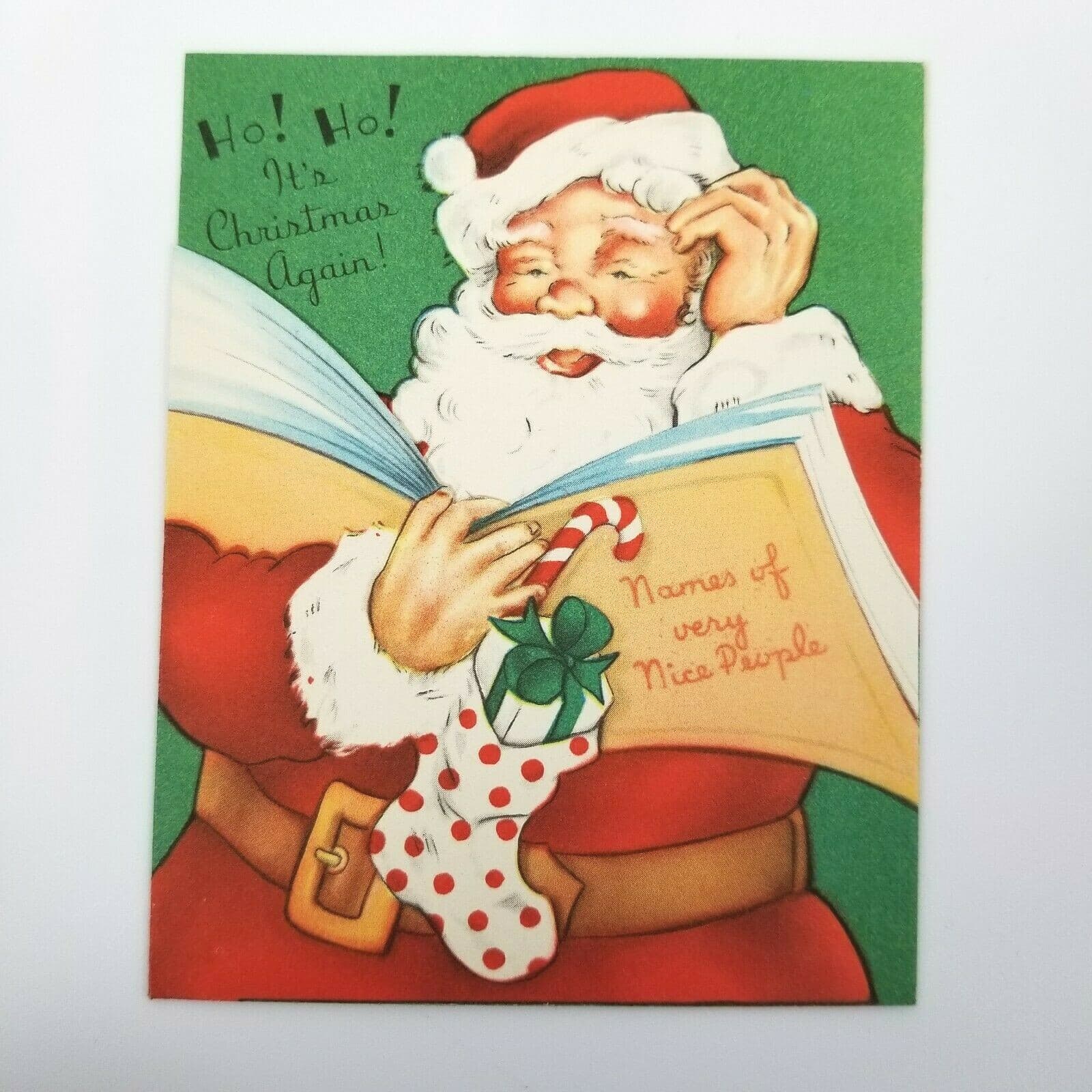 Vintage Christmas Card Santa Reading Scratching Head Stocking Present Die Cut