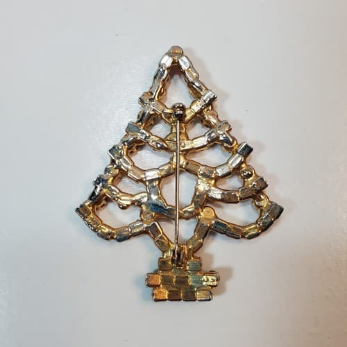 Vintage Artsy Gold Tone Multi Color Rhinestone Christmas Tree Brooch Holiday Pin - Thumbnail 2