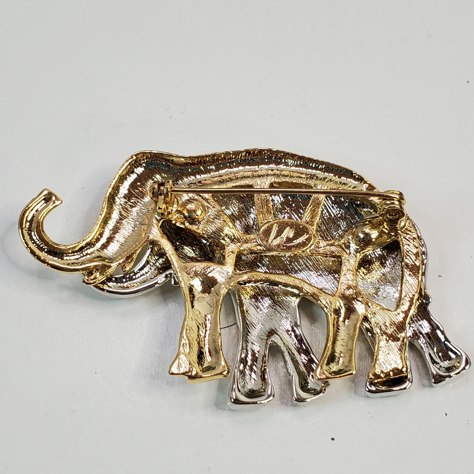 Liz Claiborne Figural Silver & Gold Tone Two Tone Double Elephant Pin Brooch - Thumbnail 2