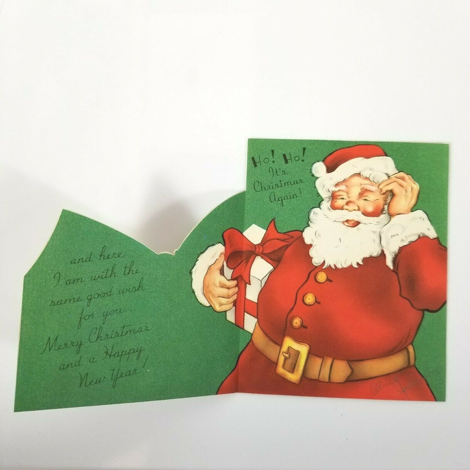 Vintage Christmas Card Santa Reading Scratching Head Stocking Present Die Cut - Thumbnail 2