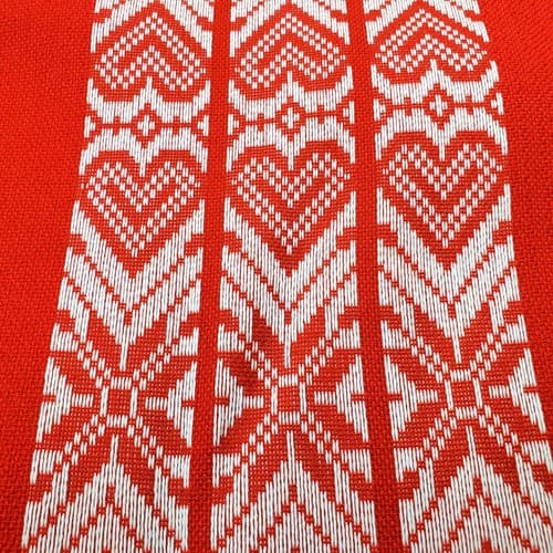 Vintage Linen Woven Textile Red White Hearts Dresser Scarf Table Runner 34x12" - Thumbnail 2