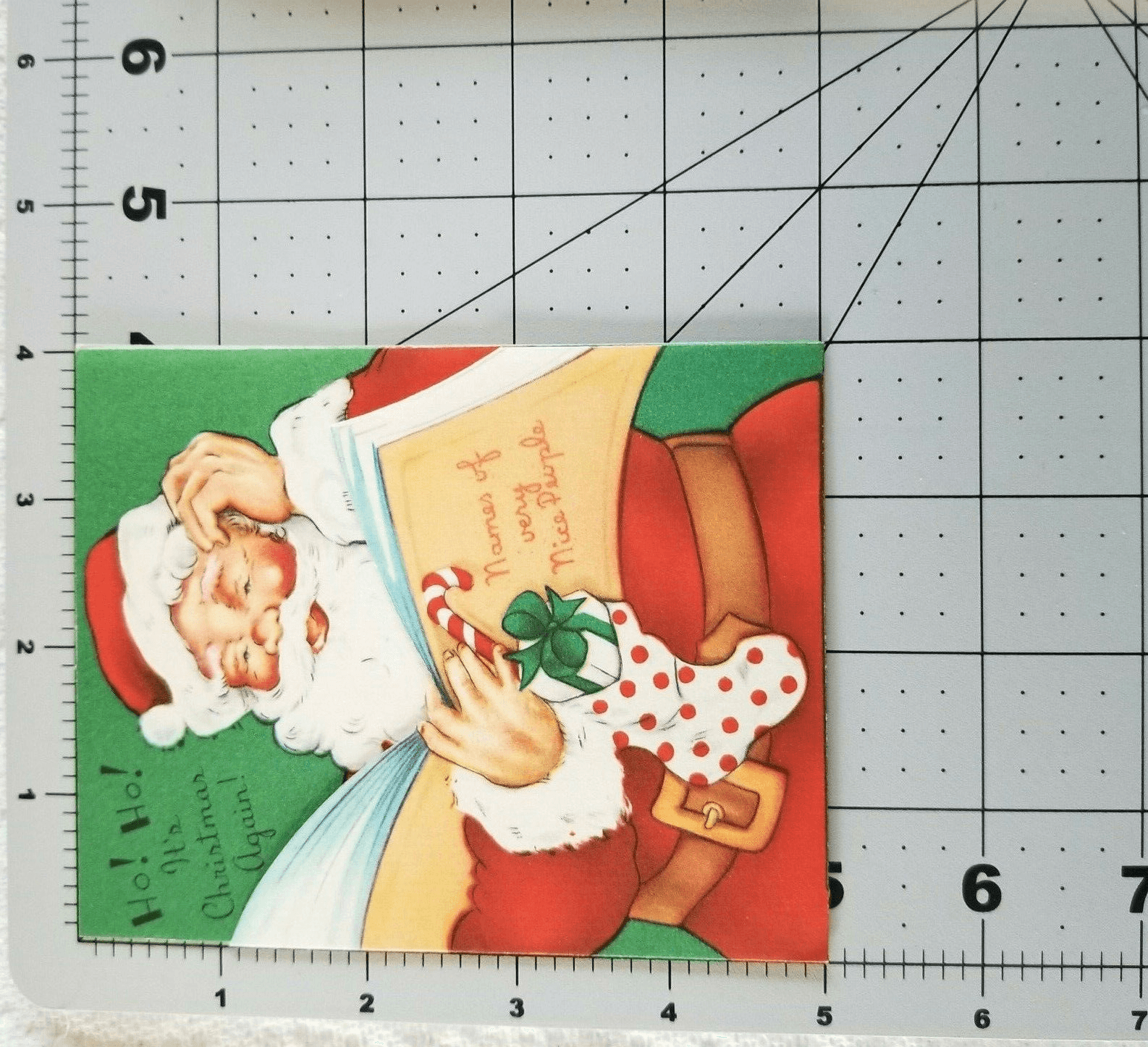 Vintage Christmas Card Santa Reading Scratching Head Stocking Present Die Cut - Thumbnail 5