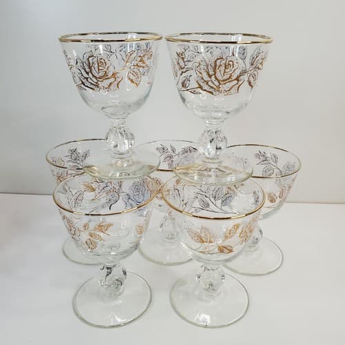 Vtg Libbey White Rose Bouquet Gold Trim Hostess Set of 7 Cocktail Glasses 4 oz.