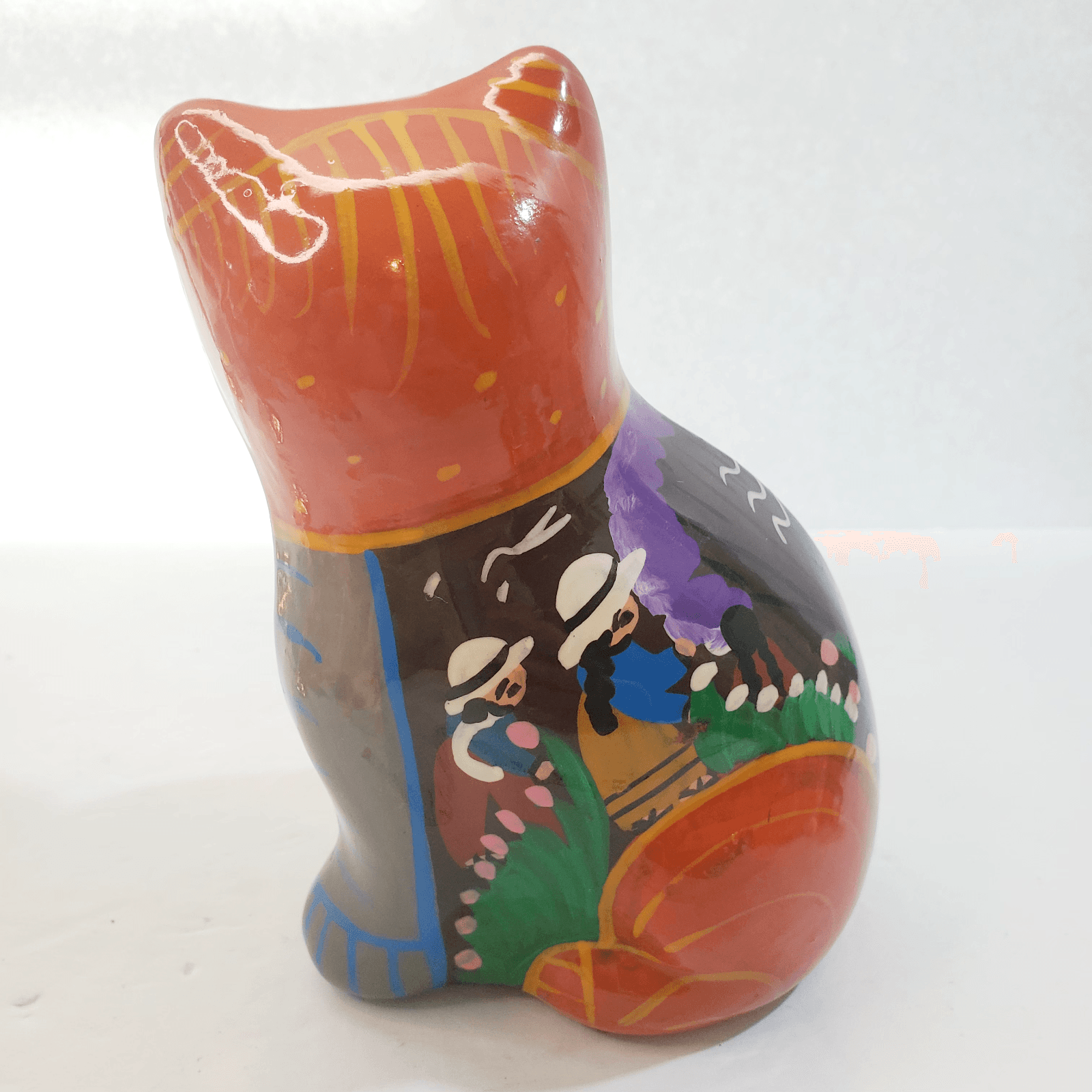 Mexican Folk Art Clay Pottery Hand Painted Glazed Village Cat Kitten Figurine 5" - Thumbnail 4