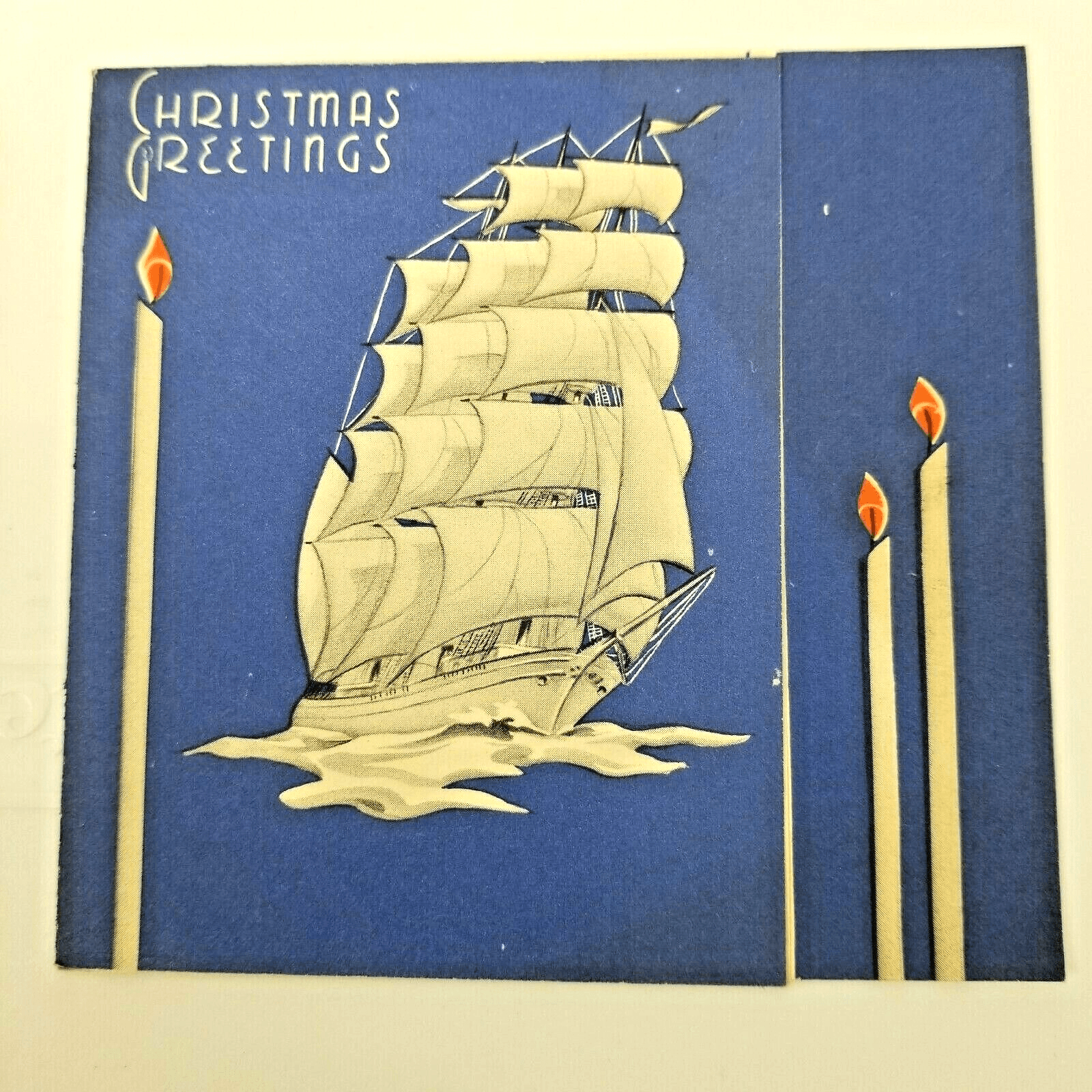 Vintage Christmas & New Years Card Clipper Ship Sailing Candles Ocean Water