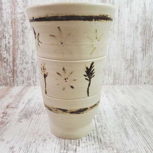 Studio Art Pottery Vase Cream Brown Signed Kamp Rustic Southwest Crude Rough - Thumbnail 2