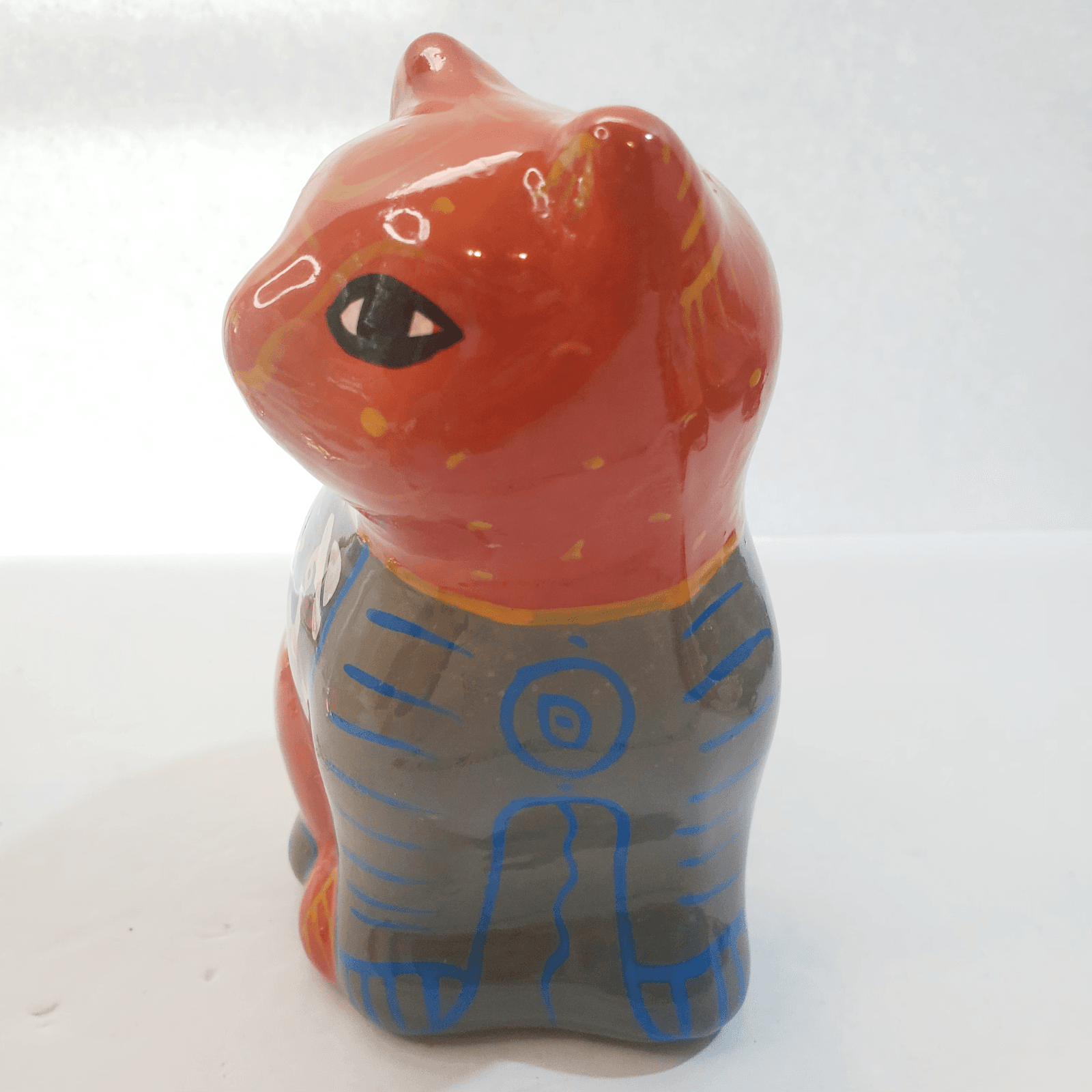 Mexican Folk Art Clay Pottery Hand Painted Glazed Village Cat Kitten Figurine 5" - Thumbnail 5
