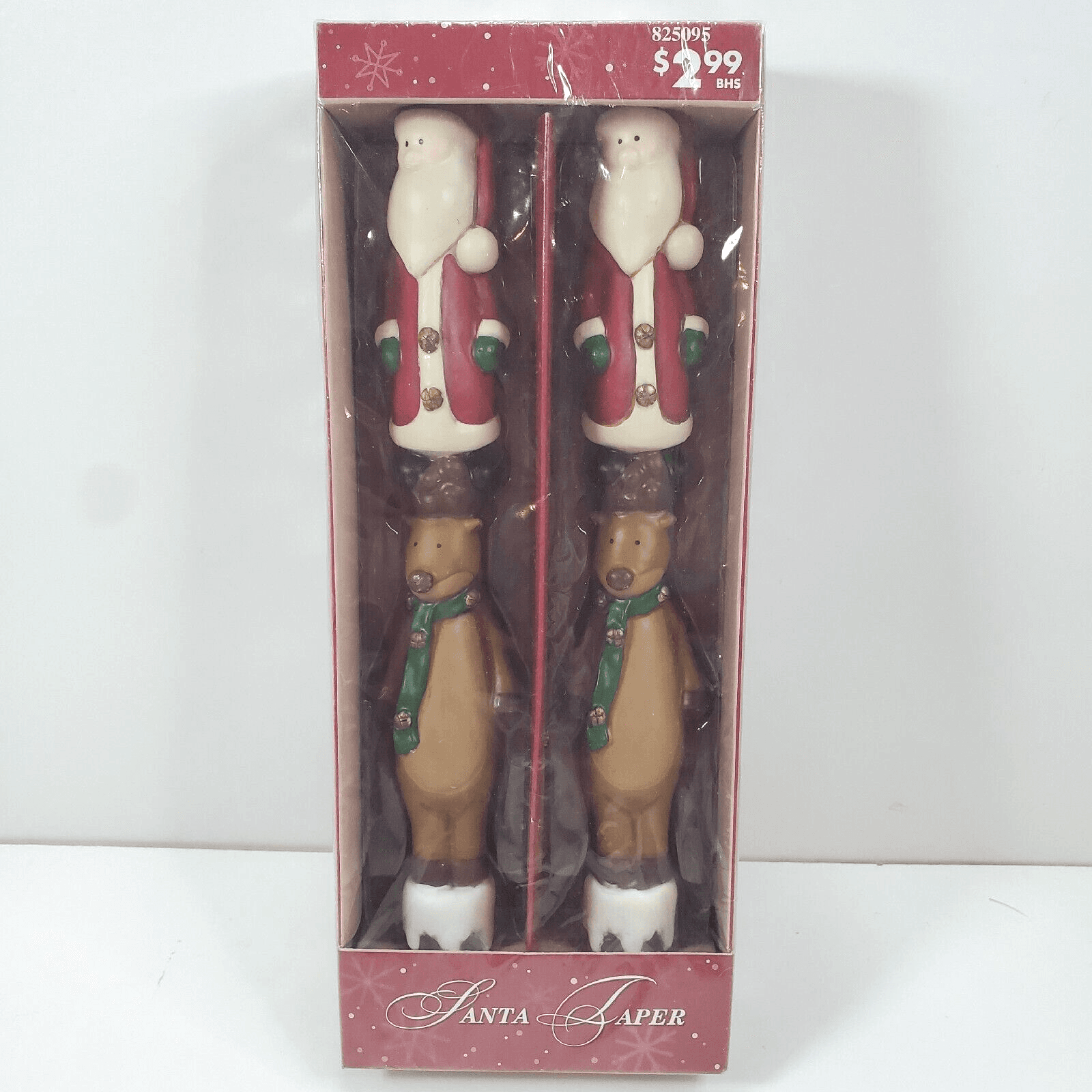 Set of 2 Russ Berrie Handpainted Santa & Reindeer Taper Christmas Candles NEW