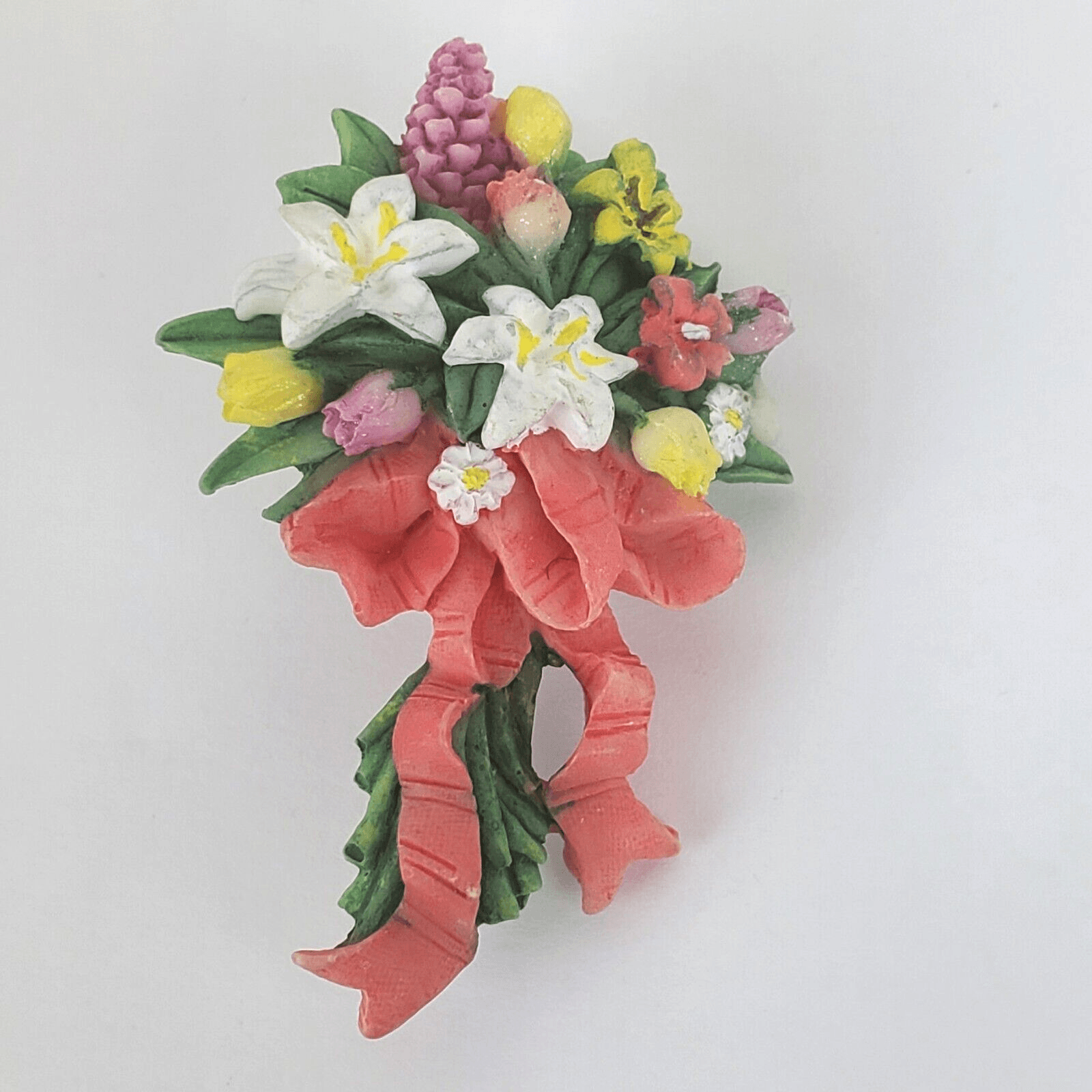 Vintage Painted Resin Flowers Floral Bouquet Multicolor Ribbon Spring Brooch Pin