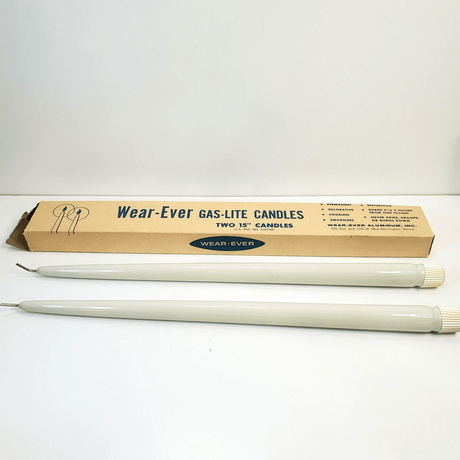 Vintage Wear-Ever Gas Lite 15" Candles Mid Century Modern MCM Pair w/ Box White