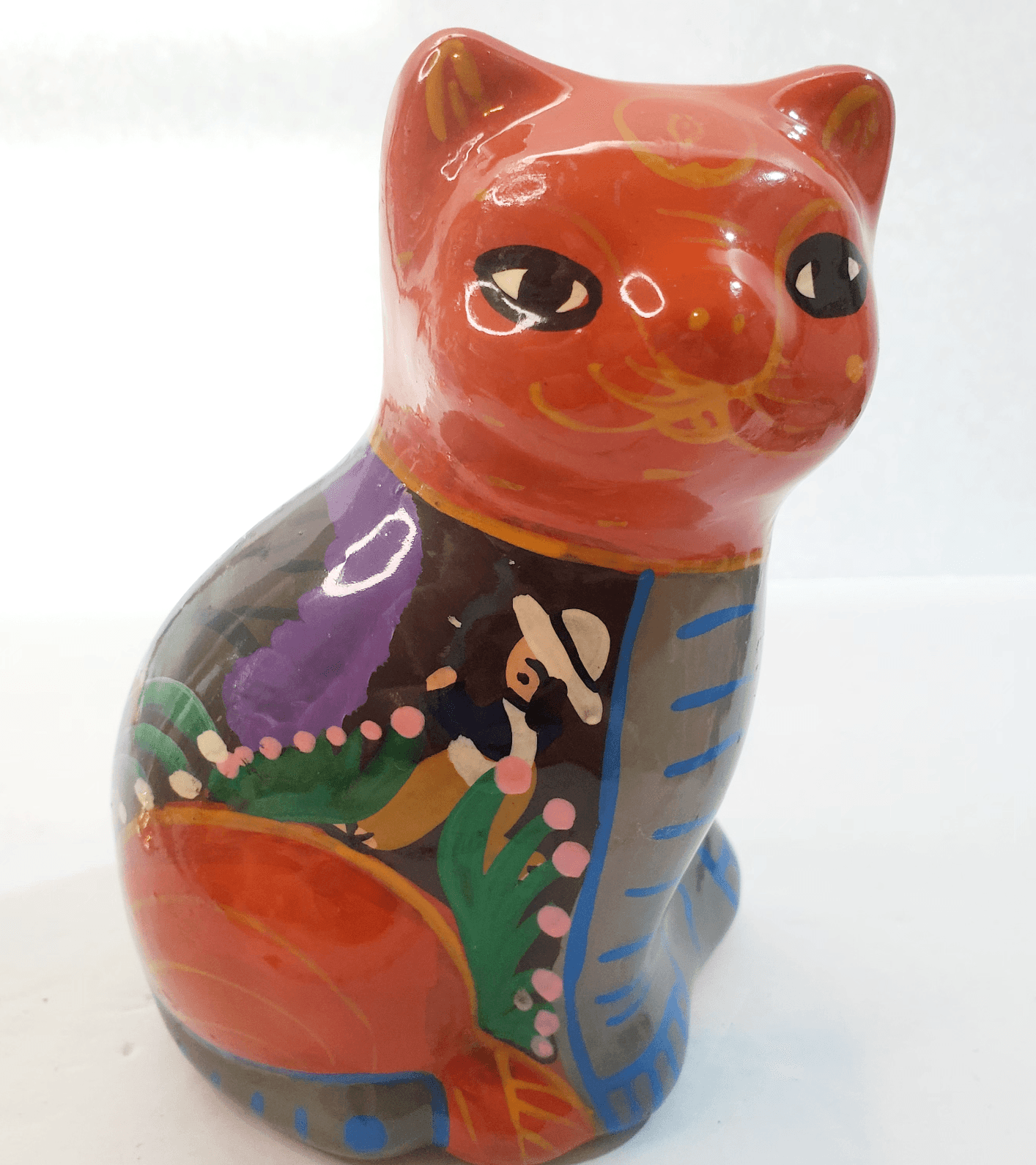 Mexican Folk Art Clay Pottery Hand Painted Glazed Village Cat Kitten Figurine 5"