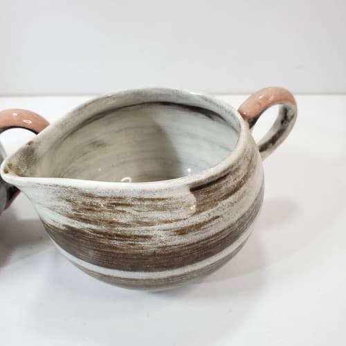 Vtg 1951 Santa Anita California Pottery Vreni Pink Brown Cream Sugar Set MCM - Thumbnail 3