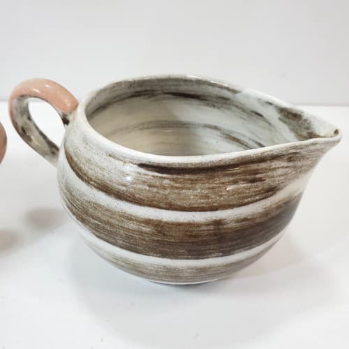 Vtg 1951 Santa Anita California Pottery Vreni Pink Brown Cream Sugar Set MCM - Thumbnail 5