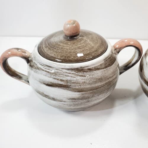 Vtg 1951 Santa Anita California Pottery Vreni Pink Brown Cream Sugar Set MCM - Thumbnail 2