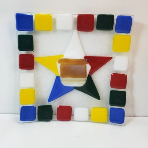 Fused Art Glass Square Curved Dish Plate Mosaic Geometric Primary Color Block 8" - Thumbnail 6
