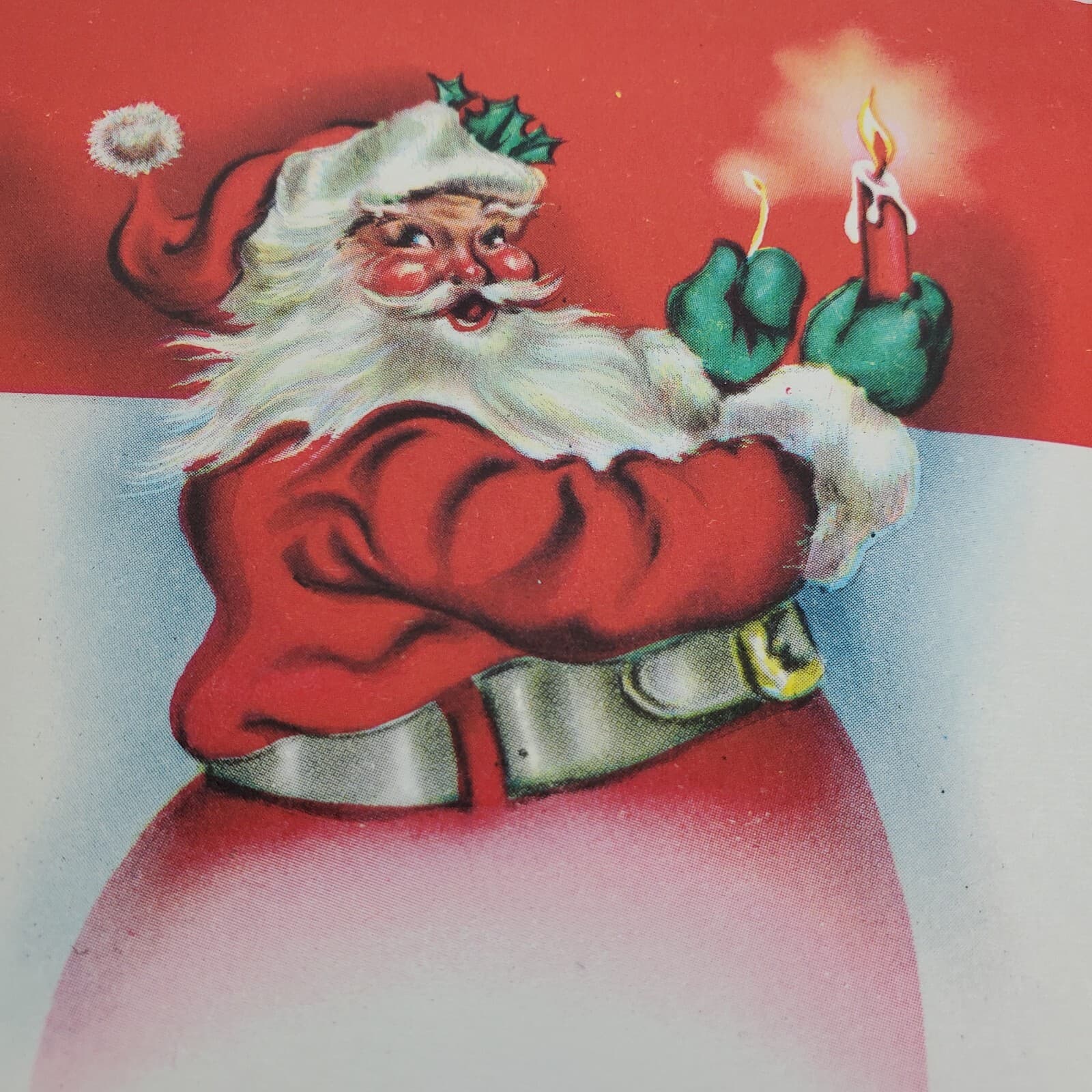 Vintage Christmas Card Santa Saying Hello Holding Candle Card Ephemera USA - Thumbnail 3