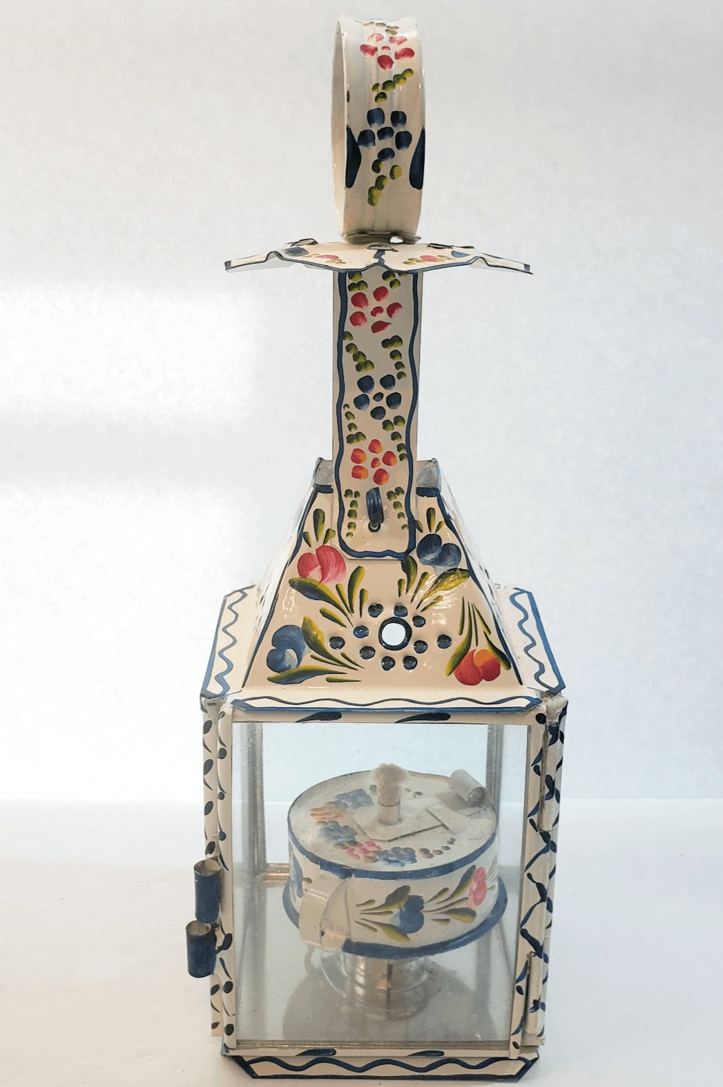 Vintage Primitive Folk Art Tin & Glass Hand Painted Floral Oil Lantern Portugal