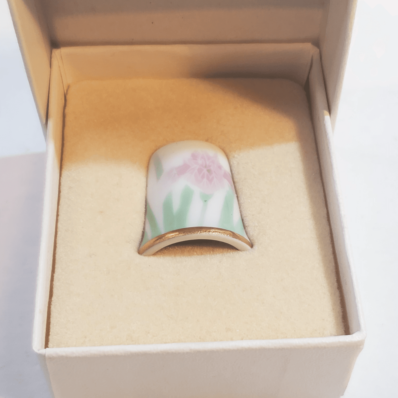 Vintage FUKAGAWA Porcelain Hand Painted Pink Flower Sewing Thimble Arita Japan