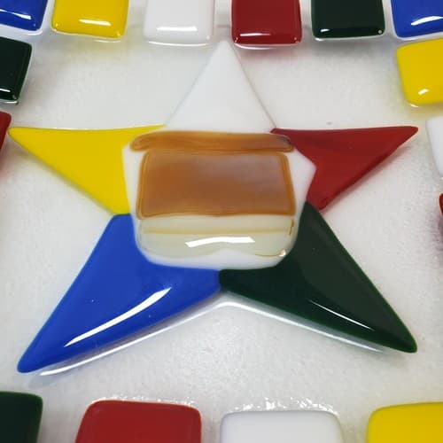 Fused Art Glass Square Curved Dish Plate Mosaic Geometric Primary Color Block 8" - Thumbnail 3