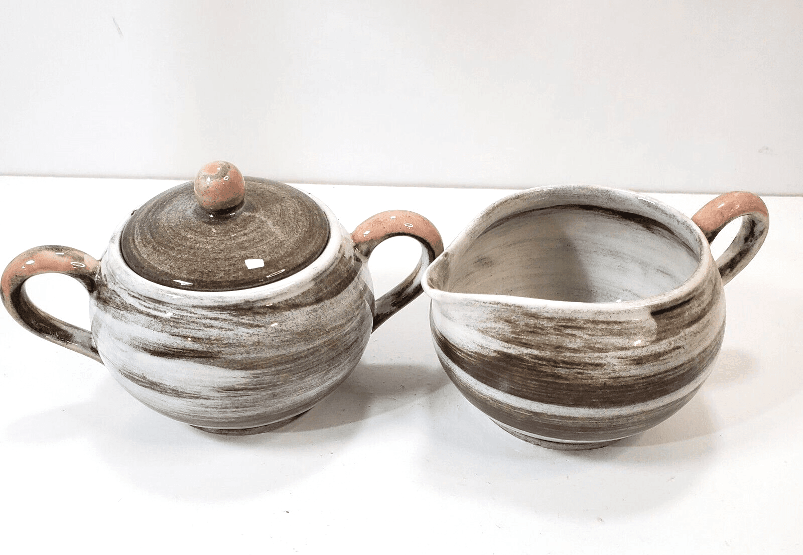 Vtg 1951 Santa Anita California Pottery Vreni Pink Brown Cream Sugar Set MCM