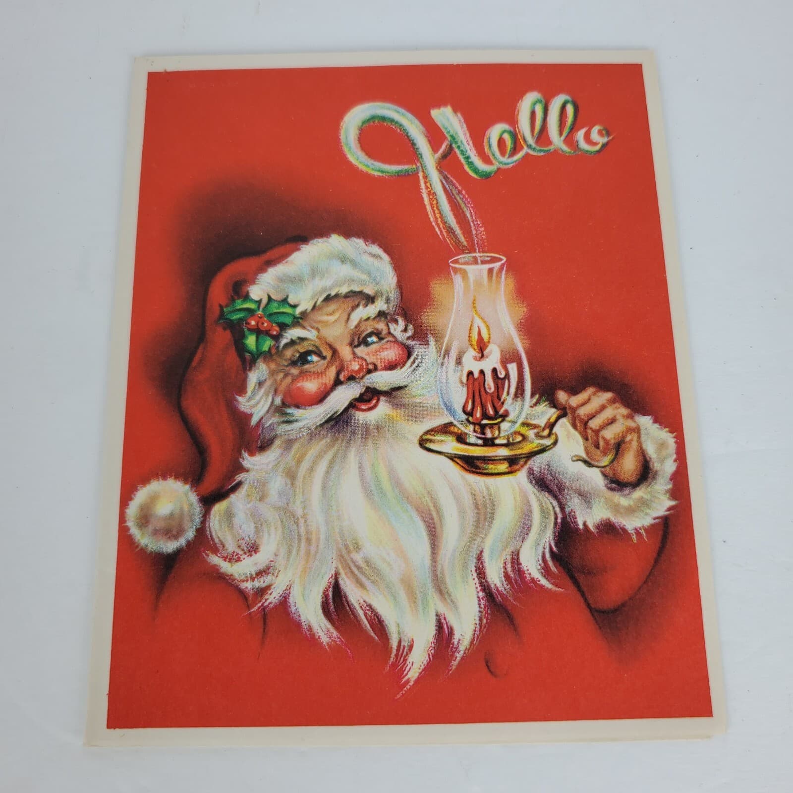 Vintage Christmas Card Santa Saying Hello Holding Candle Card Ephemera USA