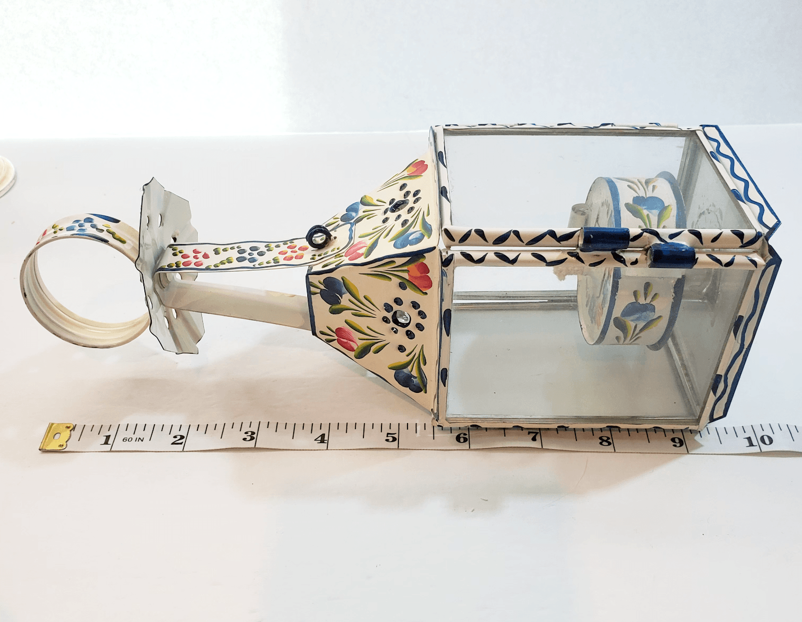 Vintage Primitive Folk Art Tin & Glass Hand Painted Floral Oil Lantern Portugal - Thumbnail 9