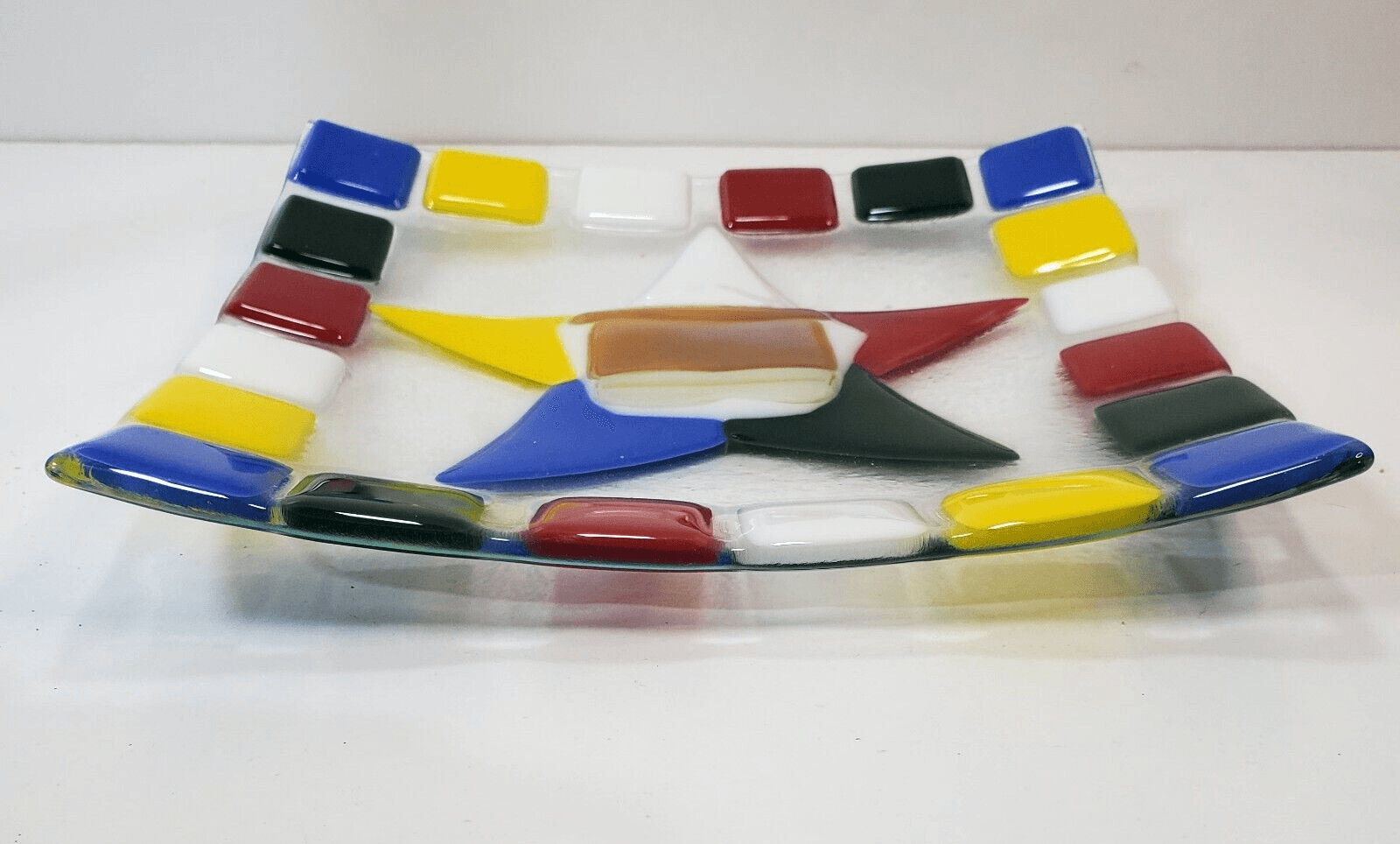 Fused Art Glass Square Curved Dish Plate Mosaic Geometric Primary Color Block 8" - Thumbnail 7