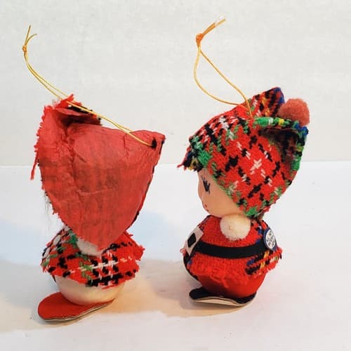 Vtg Japan Girl & Boy Tartan Plaid Christmas Ornament Holiday Figurine Flocked - Thumbnail 7