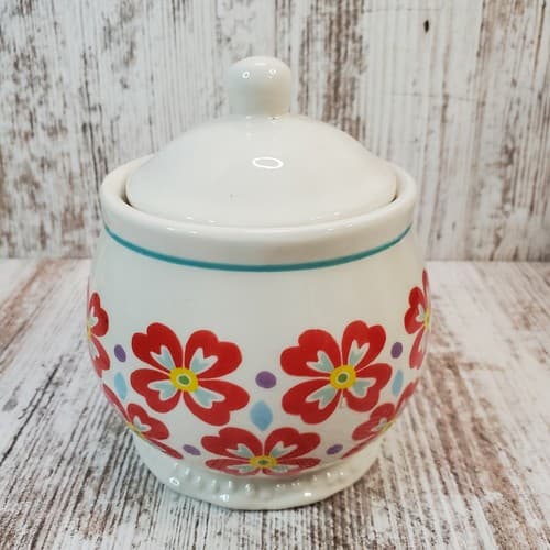 Pioneer Woman White Red Blue Floral Sugar Bowl w/ Lid Farmhouse Crock 5"