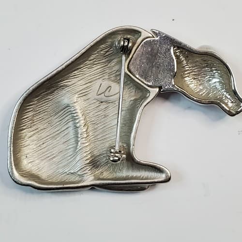 Vintage Liz Claiborne Polar Bear Brooch Brushed Shiny Silver Tone Pin Marked LC - Thumbnail 3