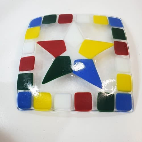 Fused Art Glass Square Curved Dish Plate Mosaic Geometric Primary Color Block 8" - Thumbnail 4