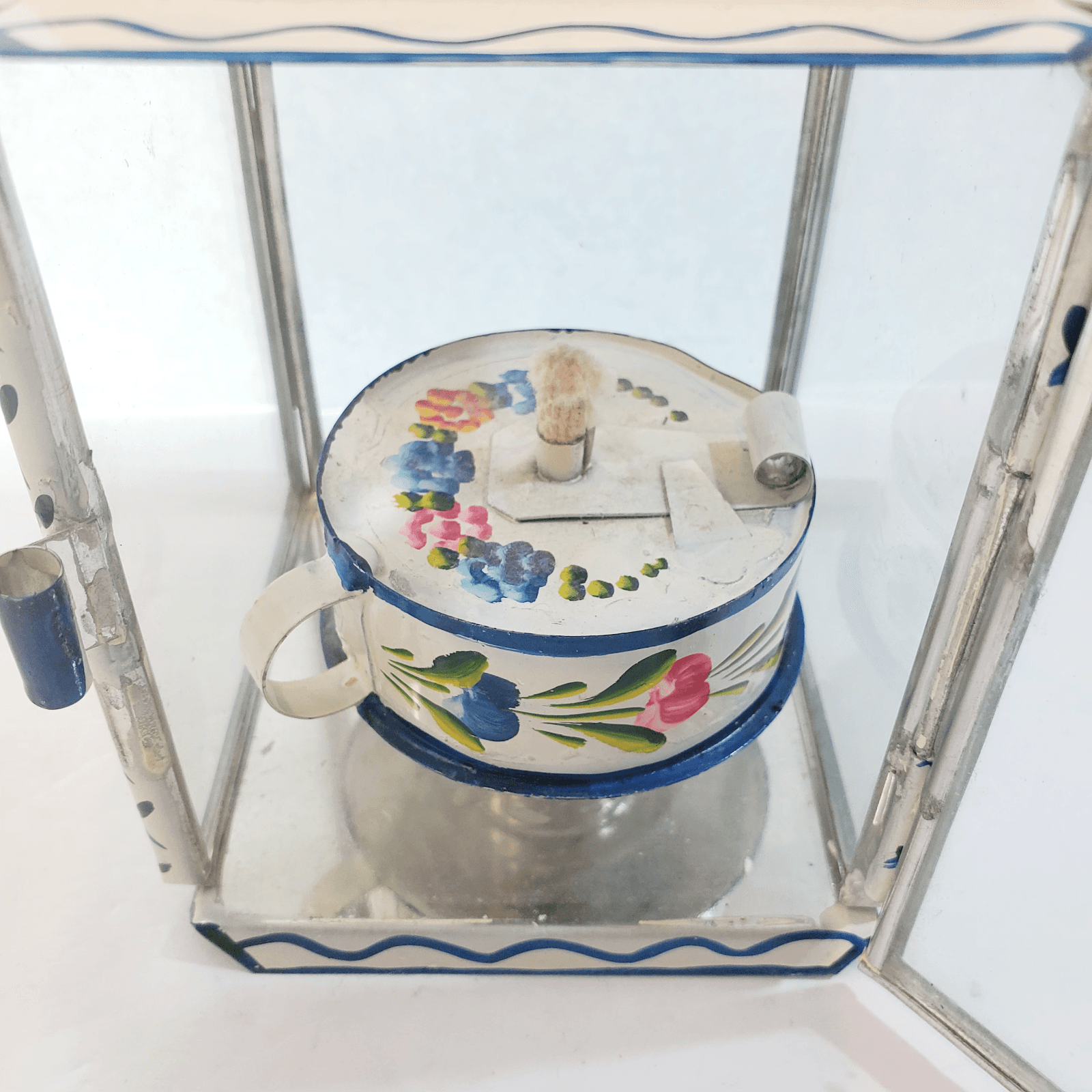 Vintage Primitive Folk Art Tin & Glass Hand Painted Floral Oil Lantern Portugal - Thumbnail 7