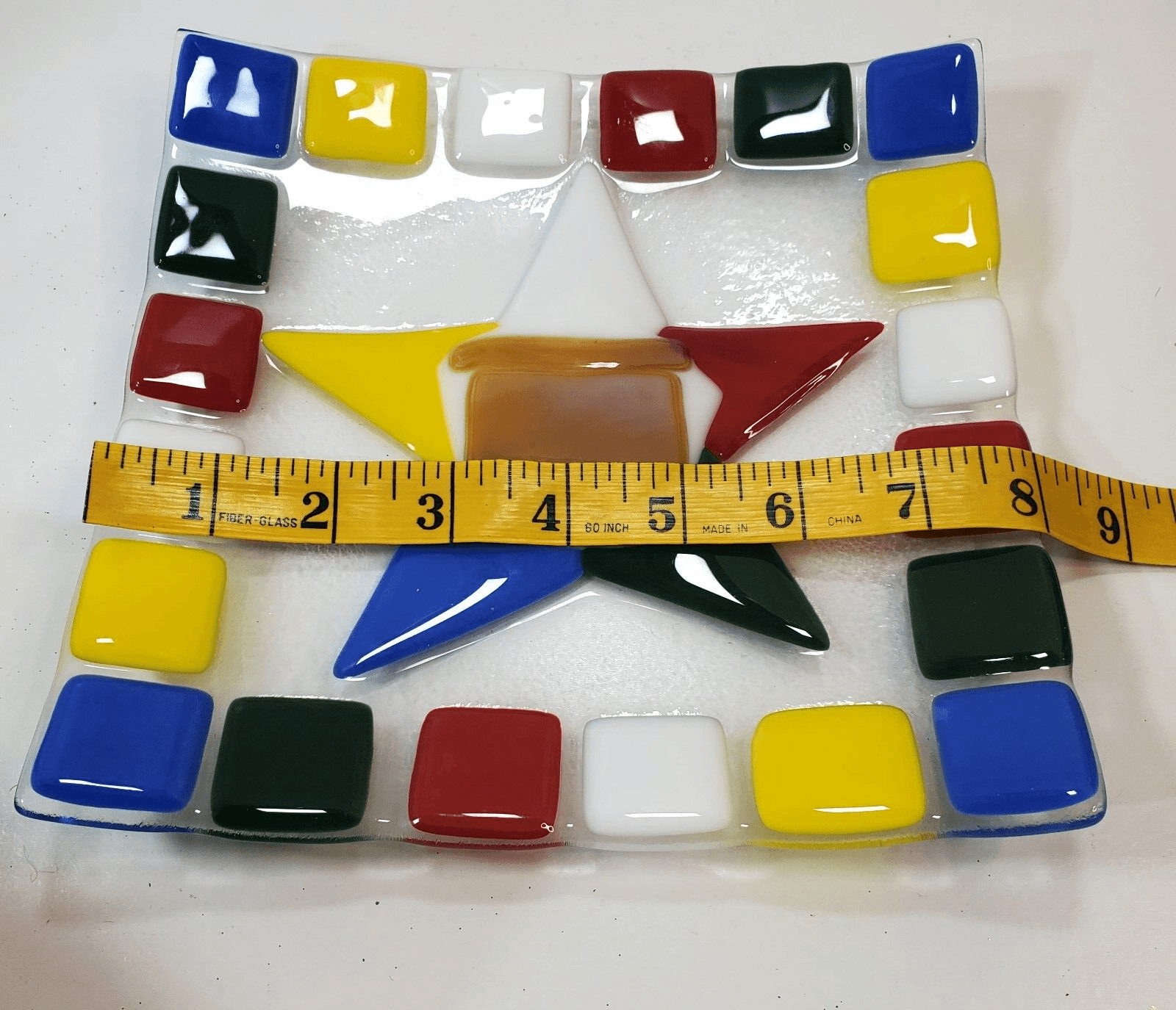 Fused Art Glass Square Curved Dish Plate Mosaic Geometric Primary Color Block 8" - Thumbnail 5