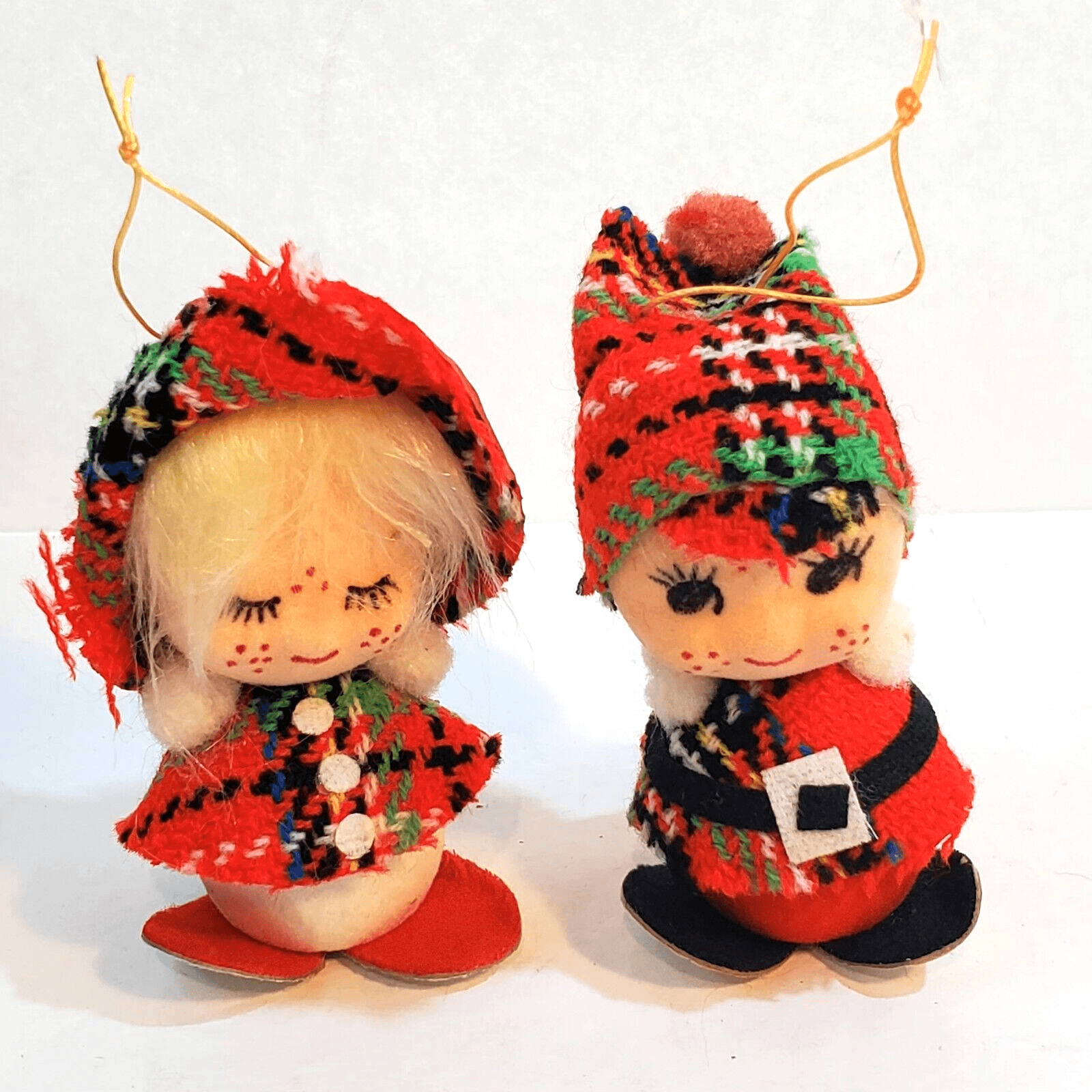 Vtg Japan Girl & Boy Tartan Plaid Christmas Ornament Holiday Figurine Flocked