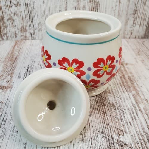 Pioneer Woman White Red Blue Floral Sugar Bowl w/ Lid Farmhouse Crock 5" - Thumbnail 2