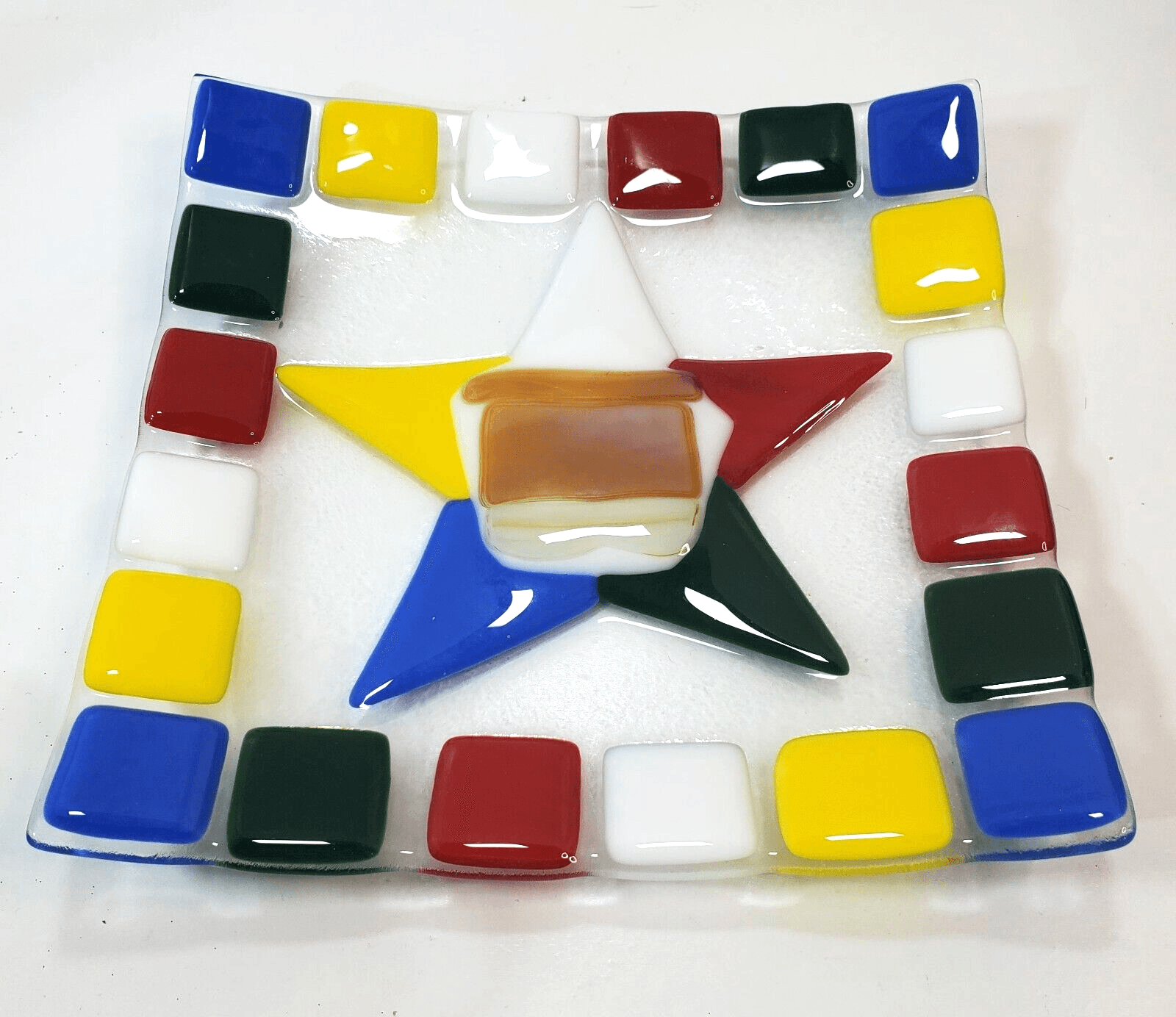 Fused Art Glass Square Curved Dish Plate Mosaic Geometric Primary Color Block 8"