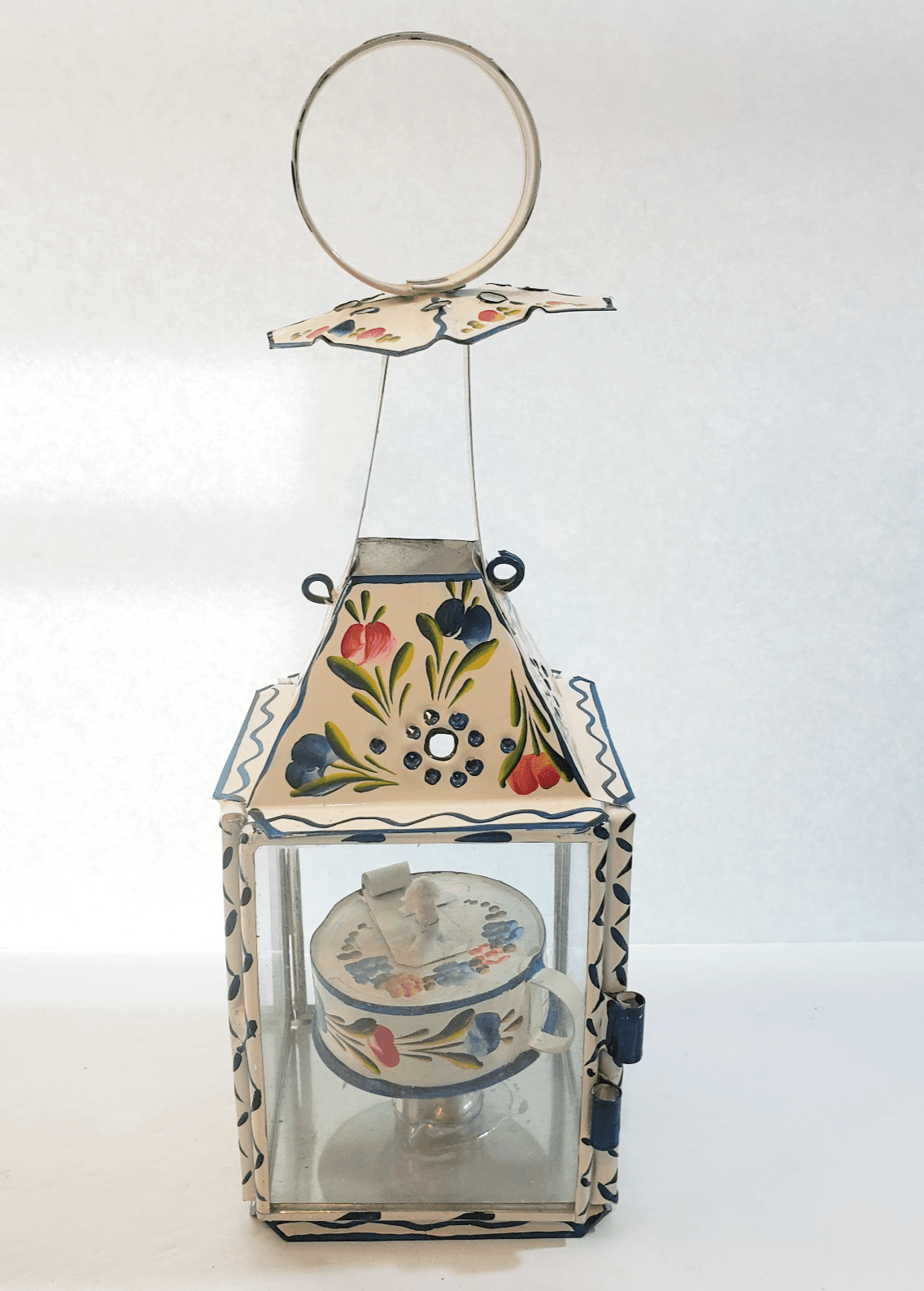Vintage Primitive Folk Art Tin & Glass Hand Painted Floral Oil Lantern Portugal - Thumbnail 2