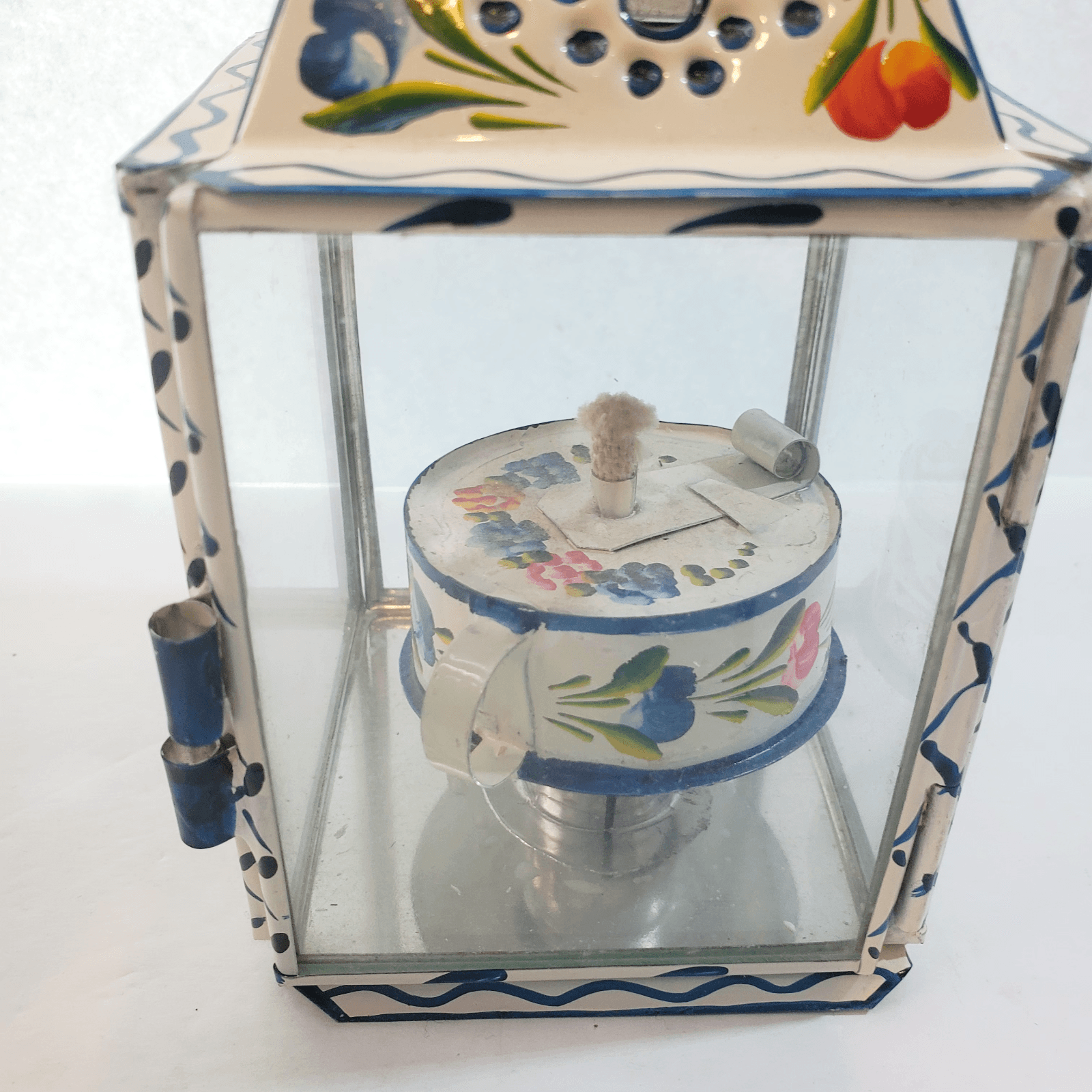 Vintage Primitive Folk Art Tin & Glass Hand Painted Floral Oil Lantern Portugal - Thumbnail 6
