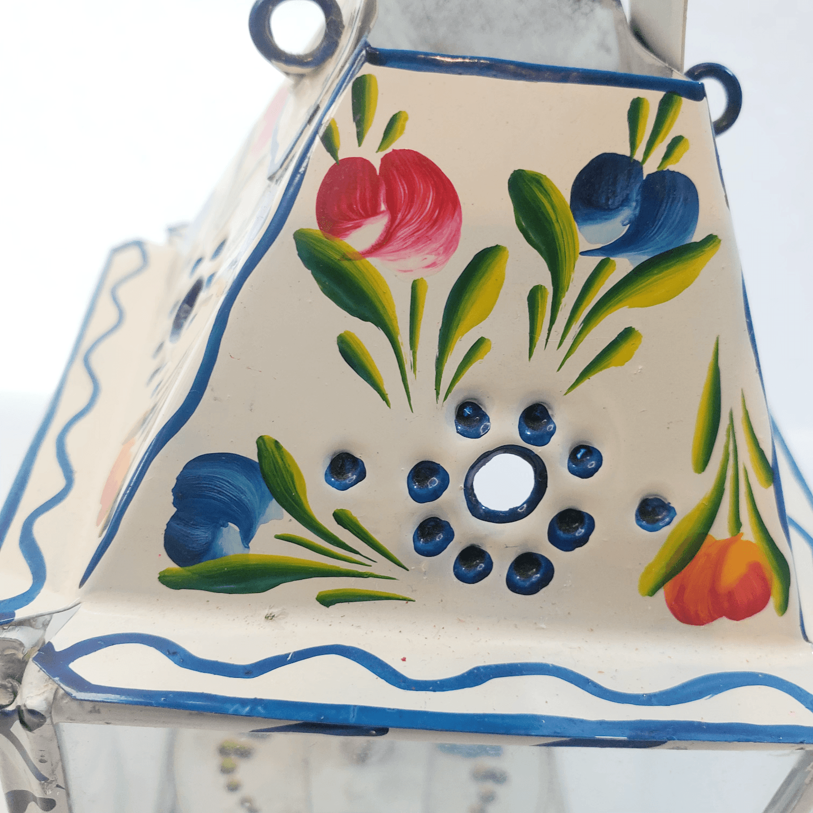Vintage Primitive Folk Art Tin & Glass Hand Painted Floral Oil Lantern Portugal - Thumbnail 12