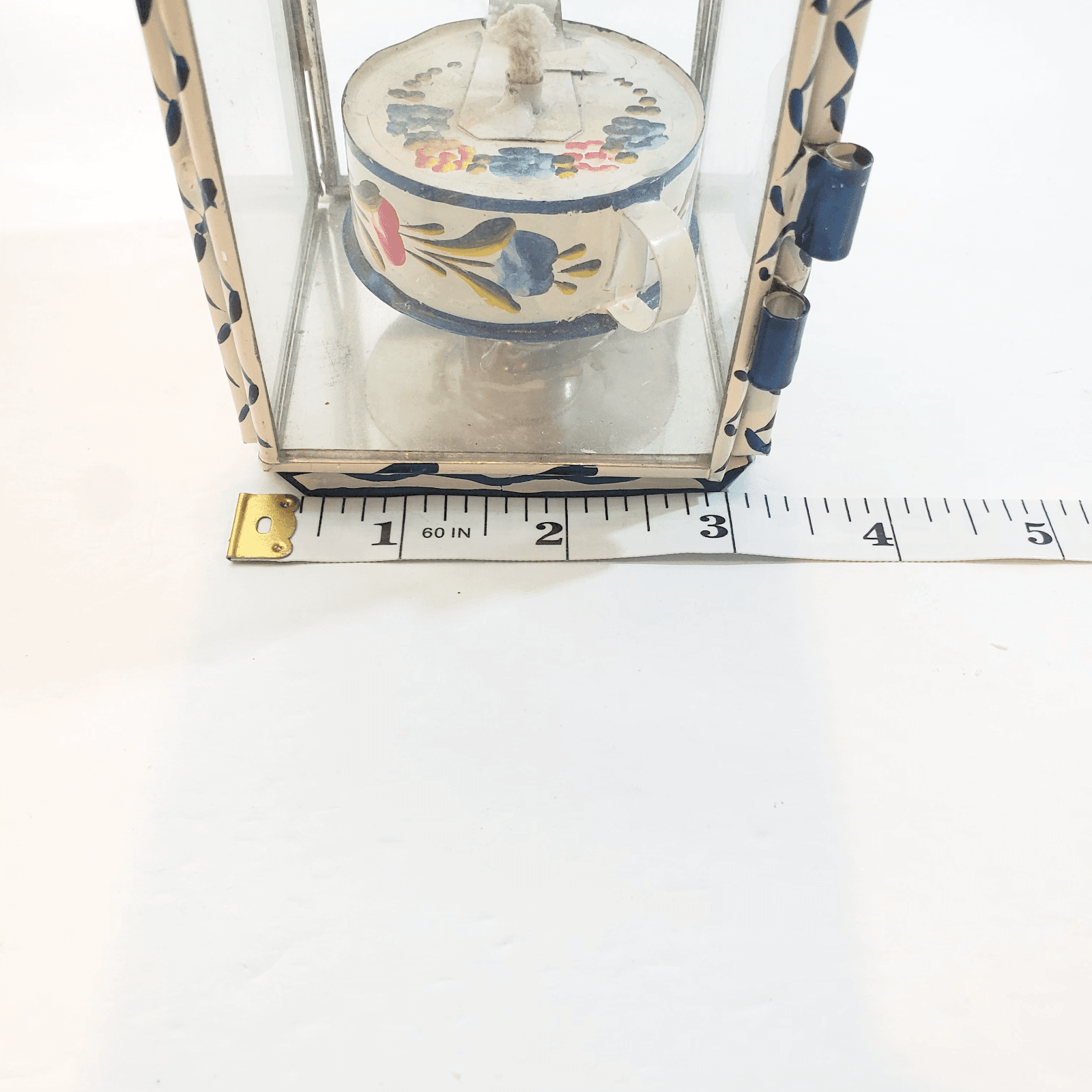 Vintage Primitive Folk Art Tin & Glass Hand Painted Floral Oil Lantern Portugal - Thumbnail 10