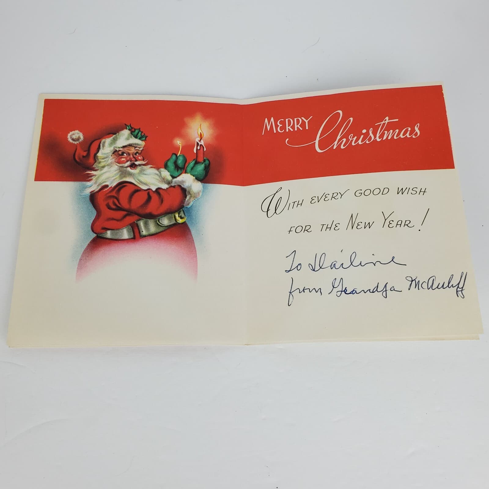 Vintage Christmas Card Santa Saying Hello Holding Candle Card Ephemera USA - Thumbnail 2
