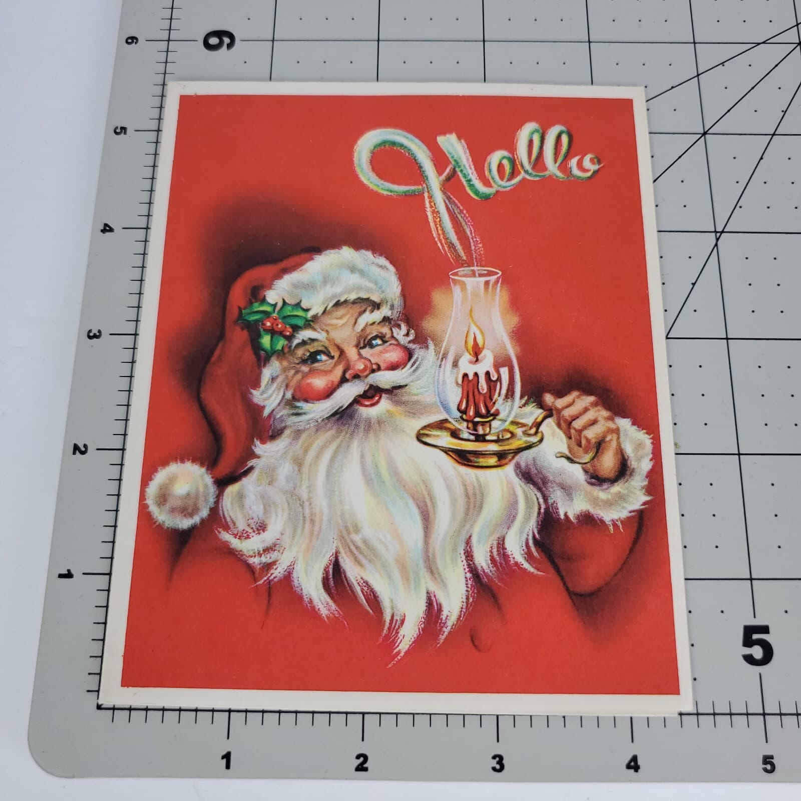 Vintage Christmas Card Santa Saying Hello Holding Candle Card Ephemera USA - Thumbnail 5
