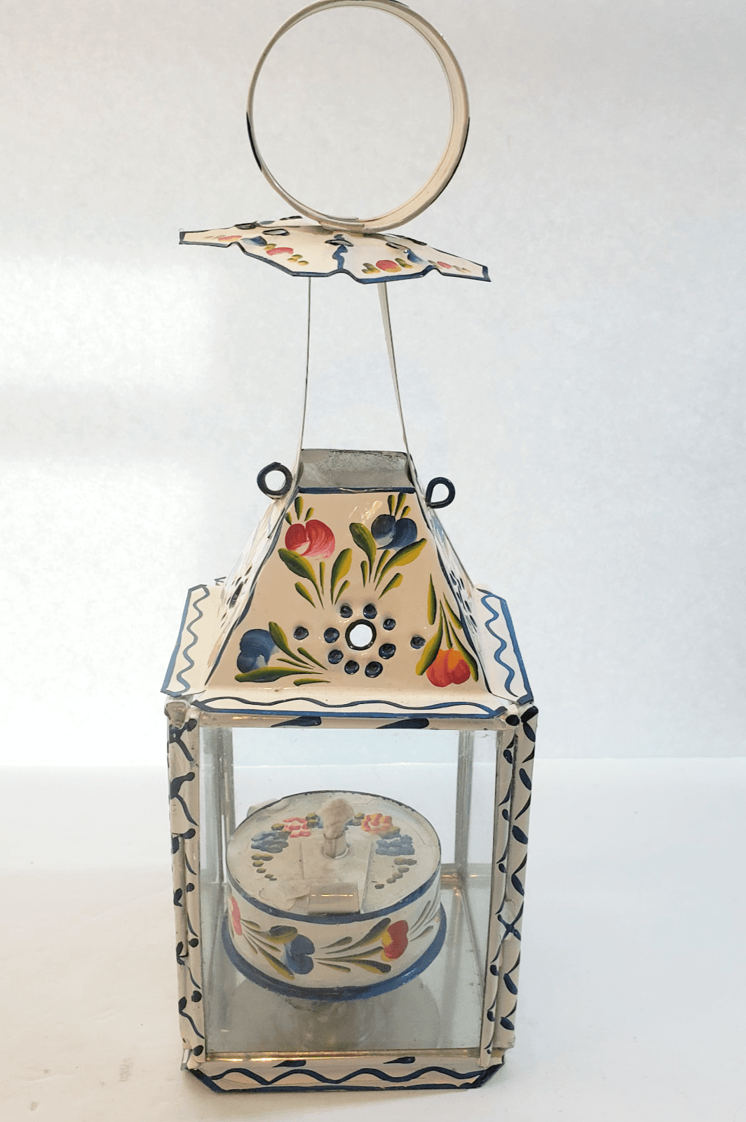 Vintage Primitive Folk Art Tin & Glass Hand Painted Floral Oil Lantern Portugal - Thumbnail 8