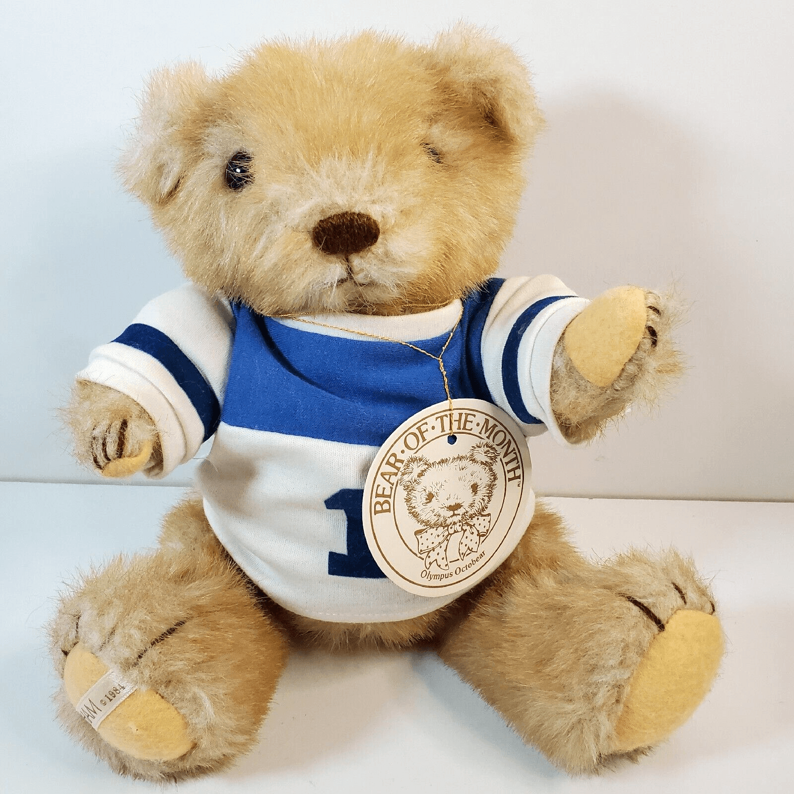 Vintage 1984 GORHAM Plush Bear Of The Month Jointed Olympus Octobear Jersey Tag