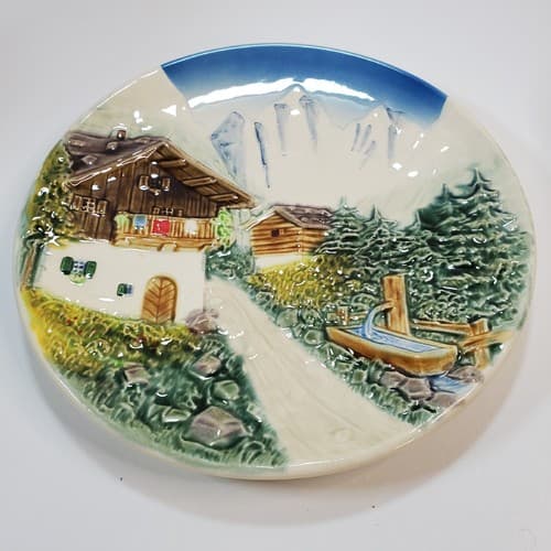 Vtg W Germany Hand Painted Majolica Decorative Plate Cabin Snowy Mountains 3D