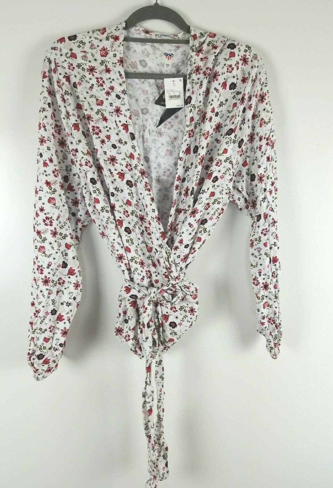 Rock By Junk Food Long Sleeve Crop Blouse Size 3X Wrap Tie Front White Floral