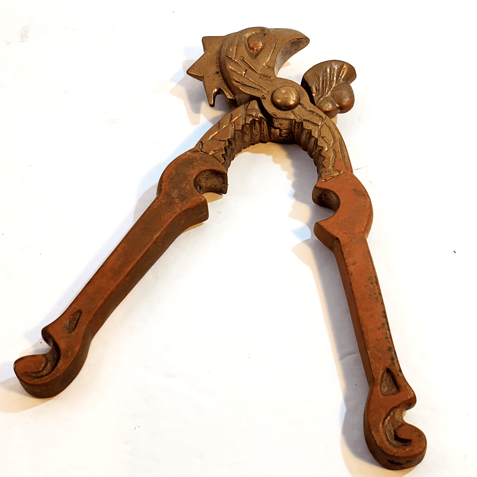 Vintage Brass Hinged 6" Nut Cracker w/ Bird Eagle Chicken Head Patina