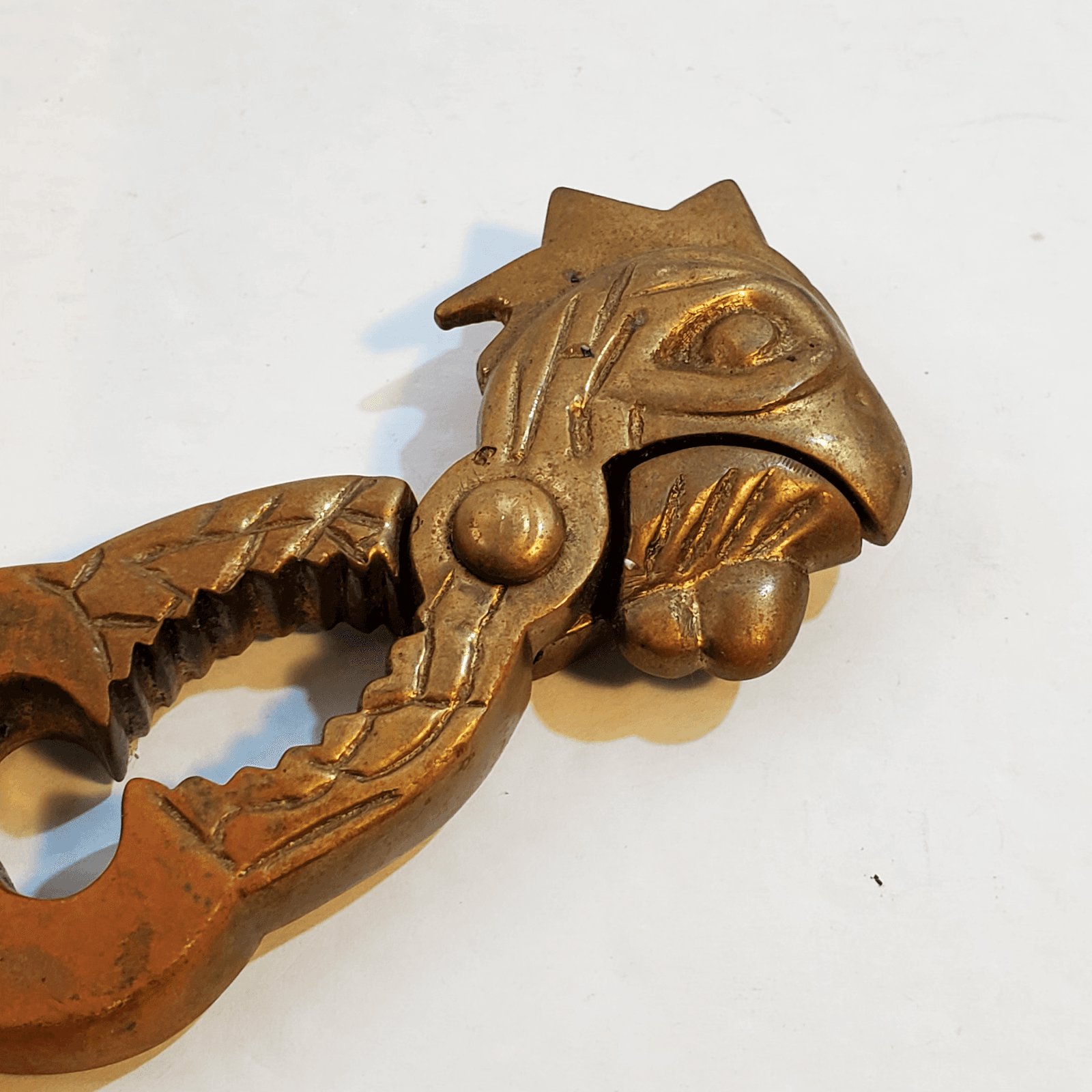 Vintage Brass Hinged 6" Nut Cracker w/ Bird Eagle Chicken Head Patina - Thumbnail 2